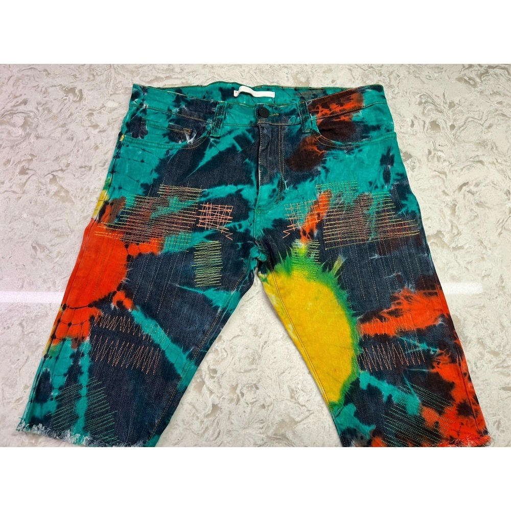 Colorful Tie Dye Denim Shorts Men's Sz 30 Made In USA By Golden Slim Mid Rise